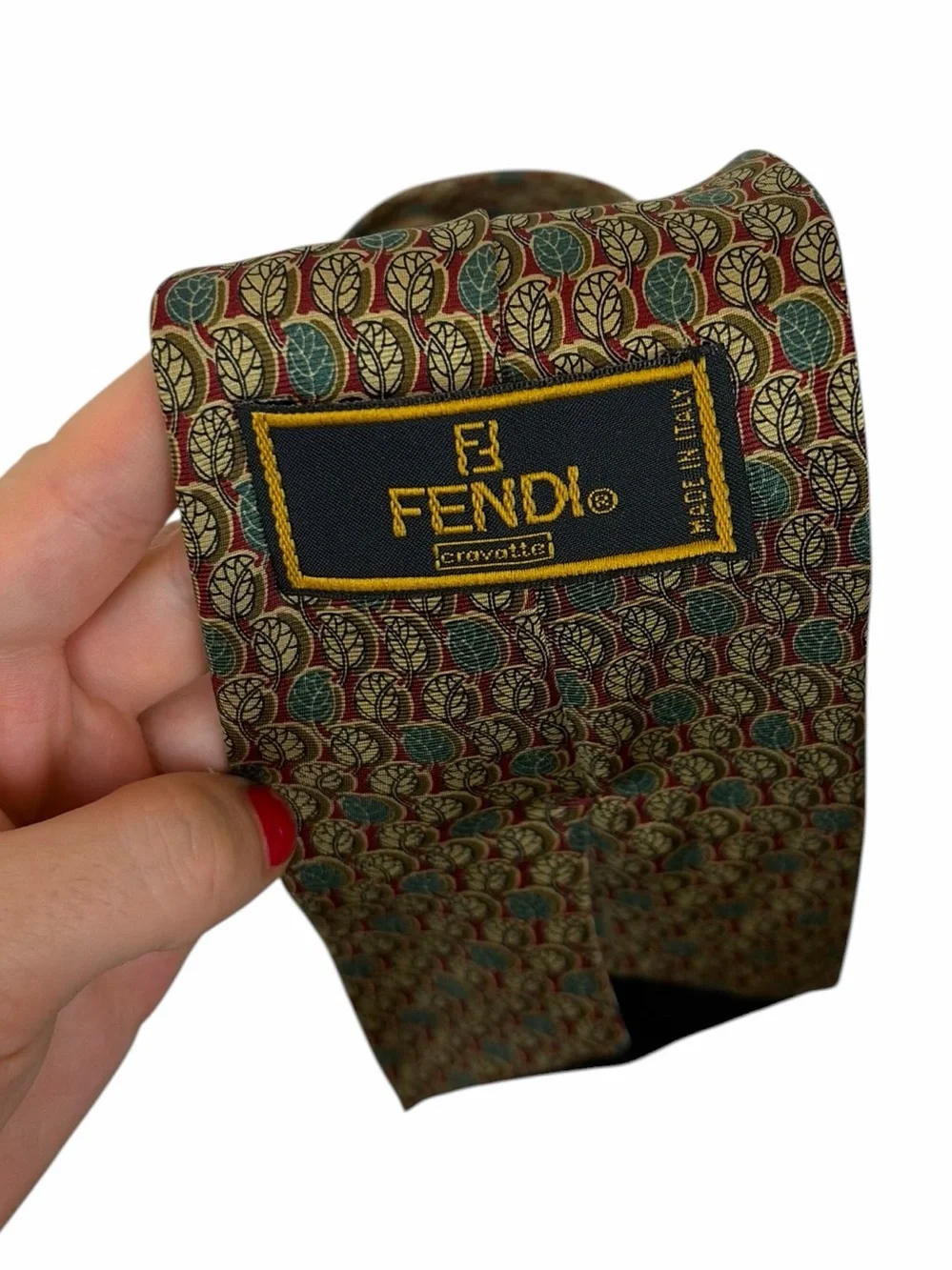 Fendi Vintage Silk Tie Olive Red Gold Geometric Pattern Made in Italy